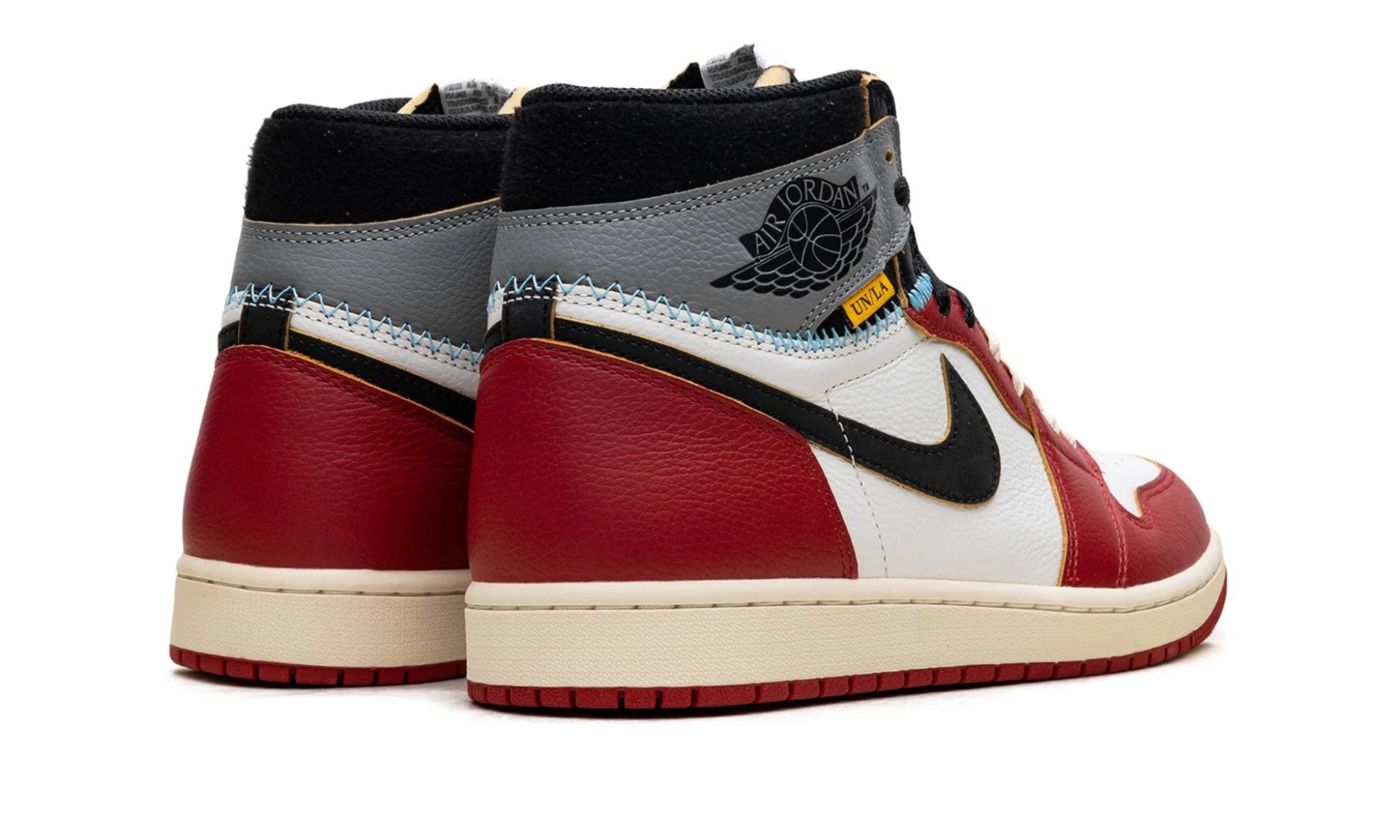 Union LA Jordan 1 Chicago Shadow – hátulnézet, sarok és varrás