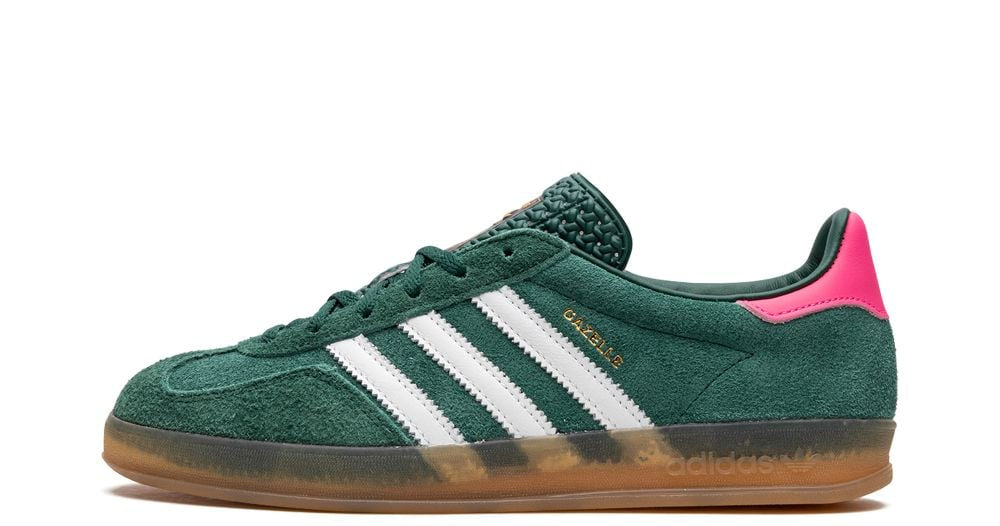 adidas Gazelle Indoor “Collegiate Green / Lucid Pink” – oldalnézet, zöld velúr és fehér csíkok