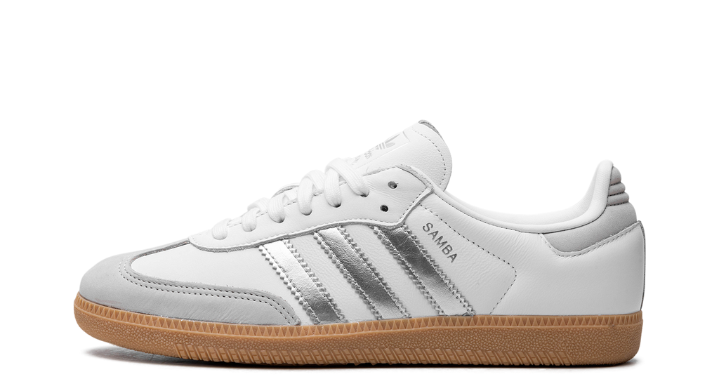 adidas Samba OG White/Silver Metallic/Grey – oldalnézet, fehér bőr és ezüst 3-sávos rész