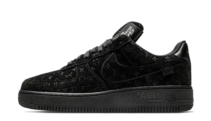 Louis Vuitton × Nike Air Force 1 Low “Black” – oldalnézet, fekete felsőrész és prémium textúra