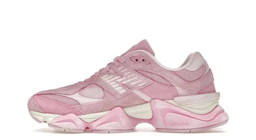 New Balance 9060 Pink Overdye – oldalnézet, rózsaszín mesh és suede overlay