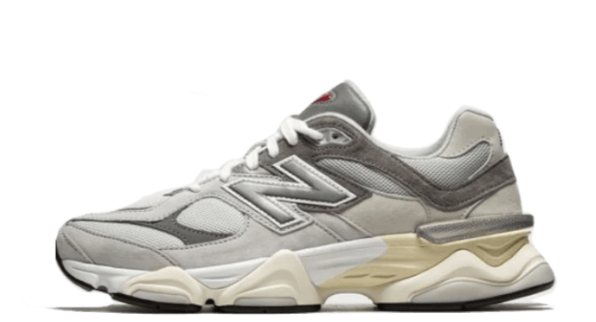 New Balance 9060 “Rain Cloud Grey” – oldalnézet, szürke mesh és suede rétegek
