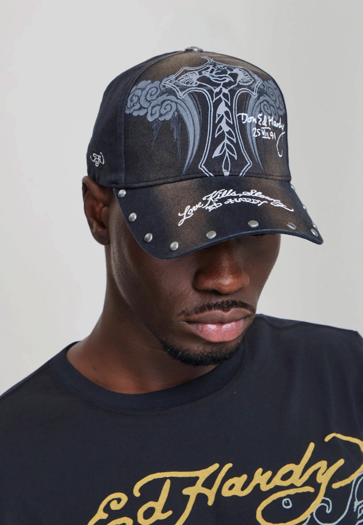 Ed Hardy Storming Rose Washed 5 Panel Black Trucker Cap