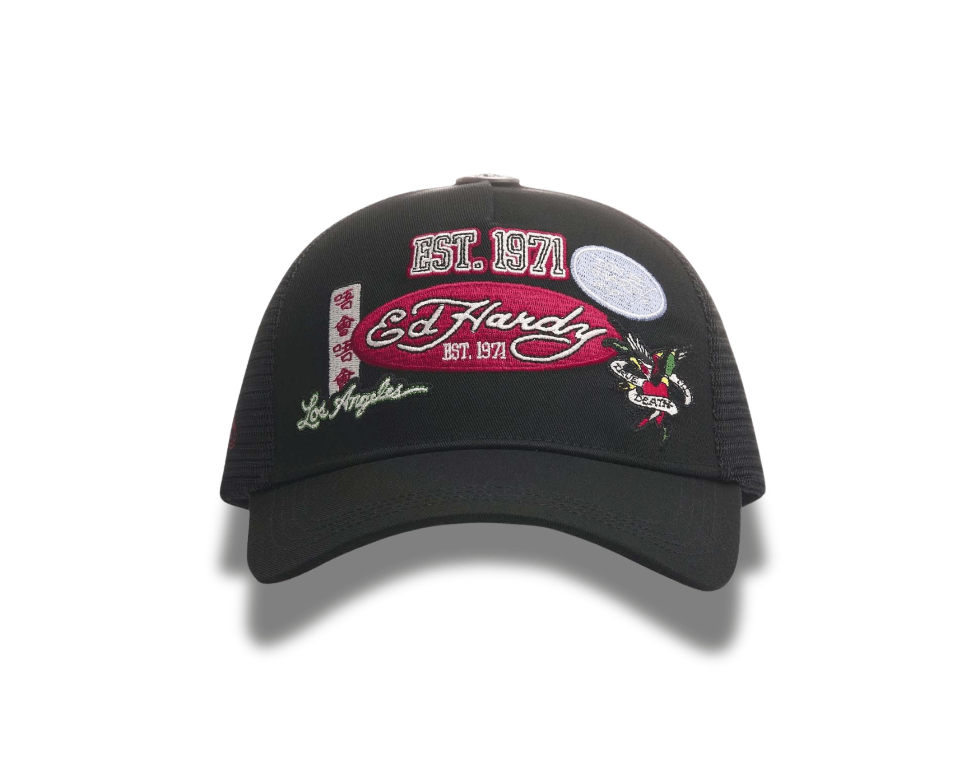 Ed Hardy Est 1971 Varsity Badge 5 Panel Black Trucker Cap - OnSize