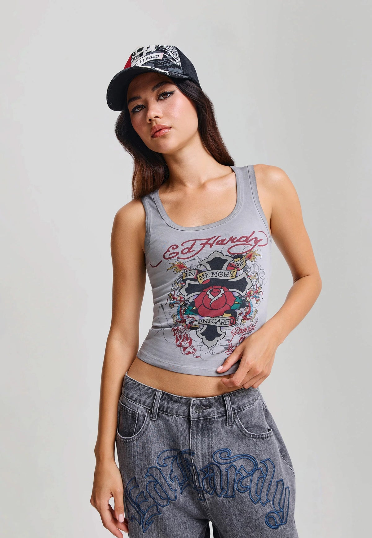 Ed Hardy In Memory Of When I Cared Washed Fitted Vest Top Grey