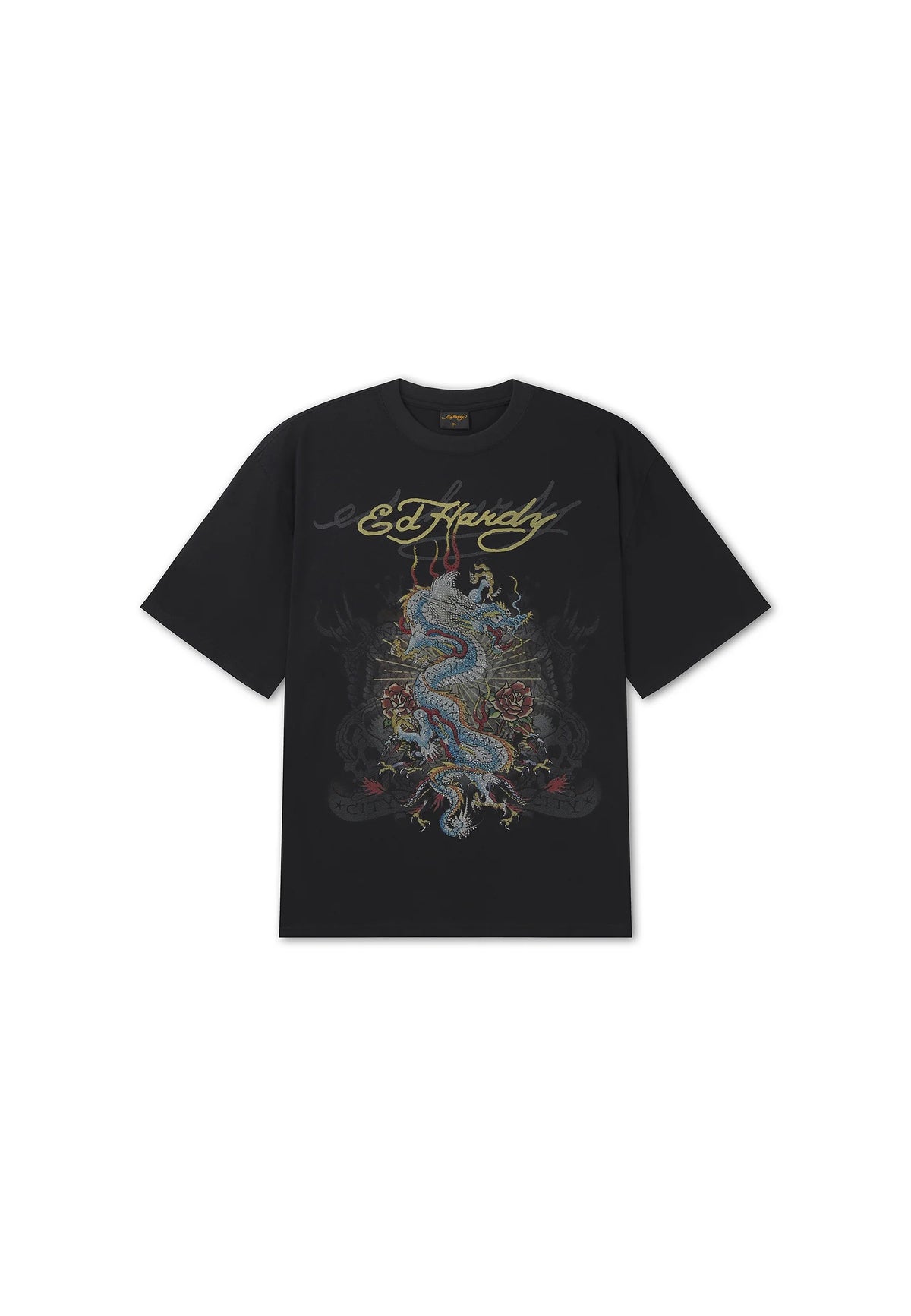 Ed Hardy Dragon City Diamante Graphic Relaxed T-Shirt Black