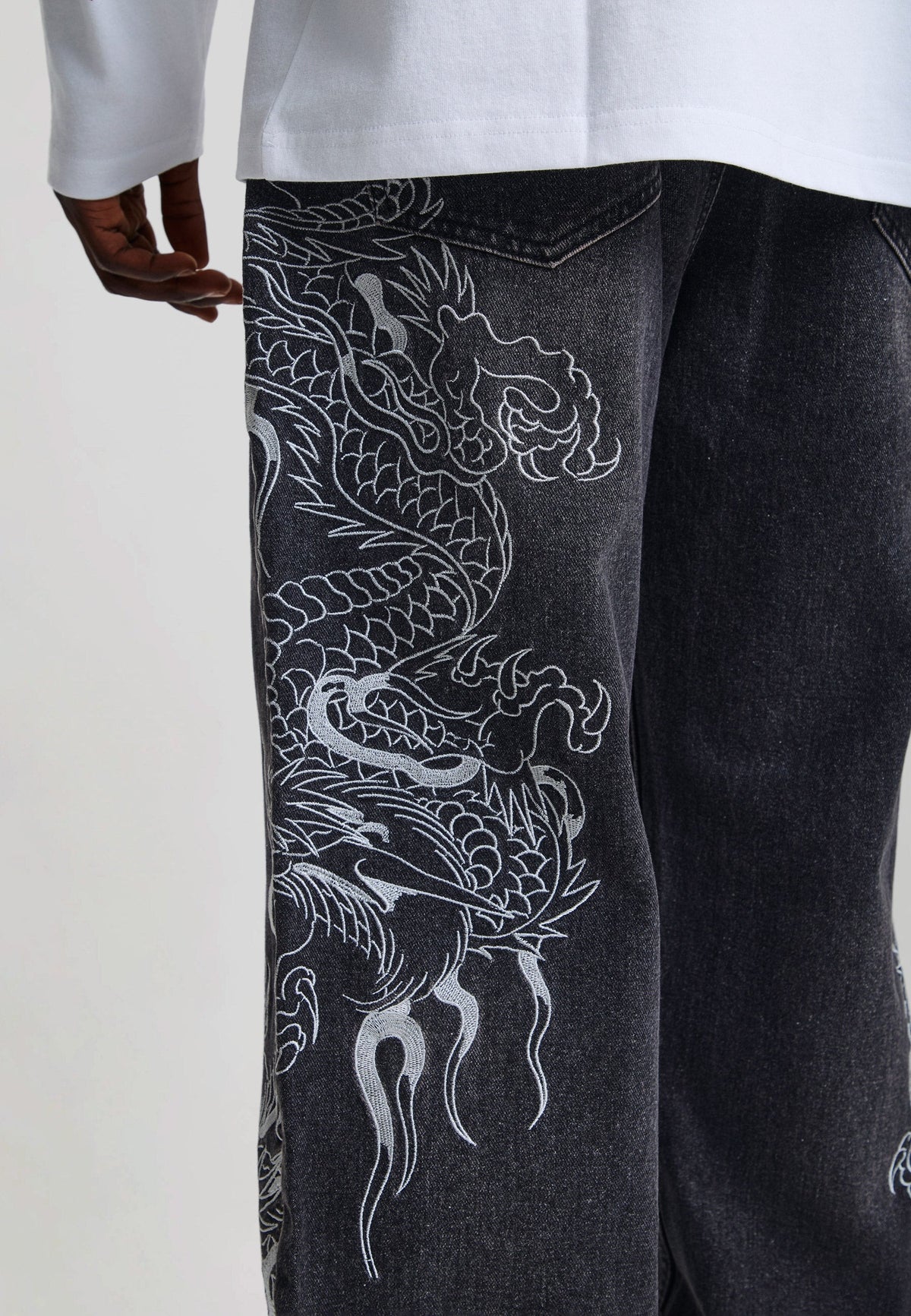 Ed Hardy Embroidered Soaring Dragon Flare Jeans Washed Black - OnSize
