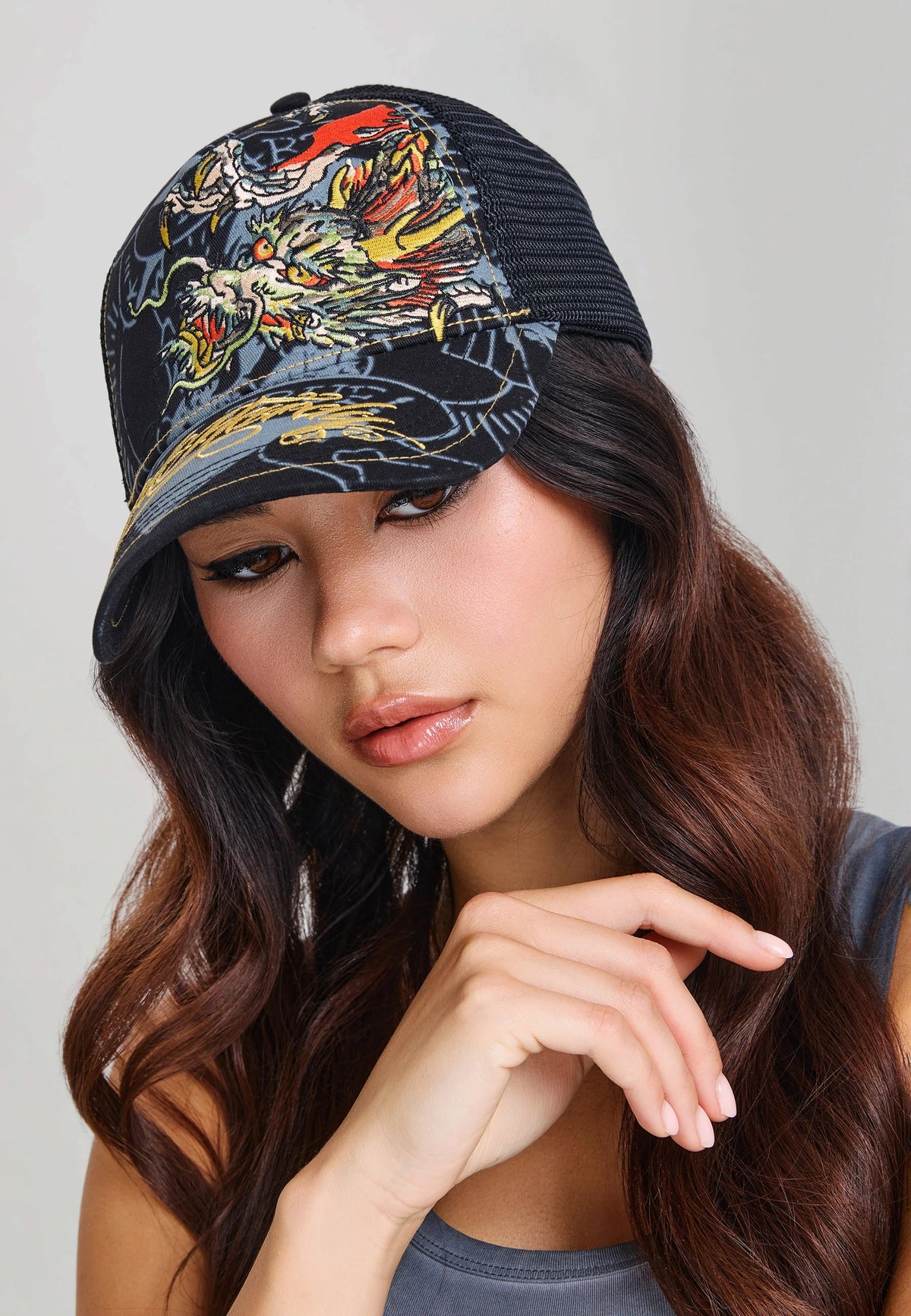Ed Hardy Crawling Dragon 5 Panel Black Trucker Cap