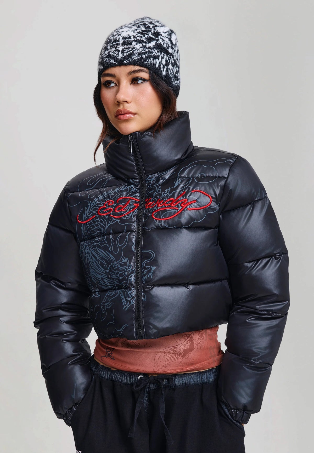 Ed Hardy Cropped Puffer Jacket Black