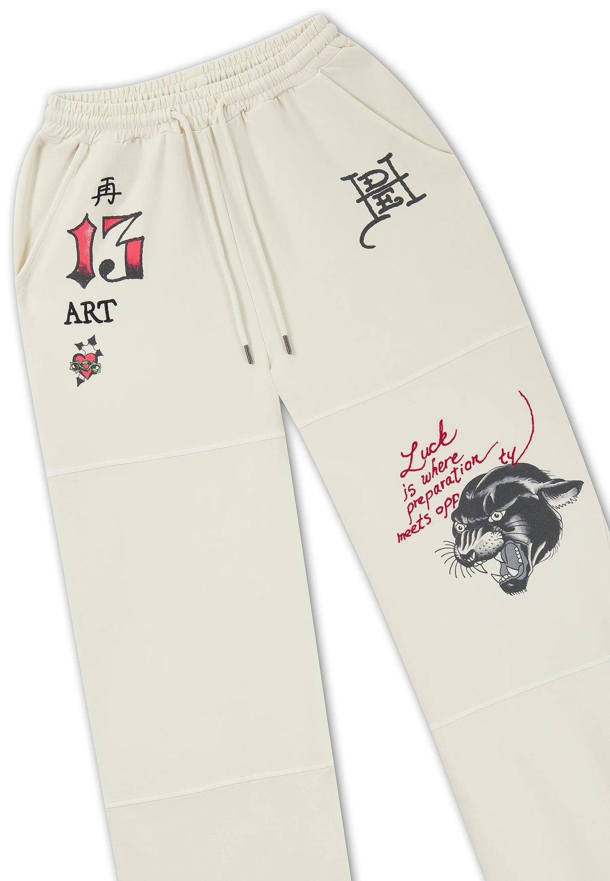 Ed Hardy Tattoo Collage Seam Detail Wide Leg Joggers Ecru
