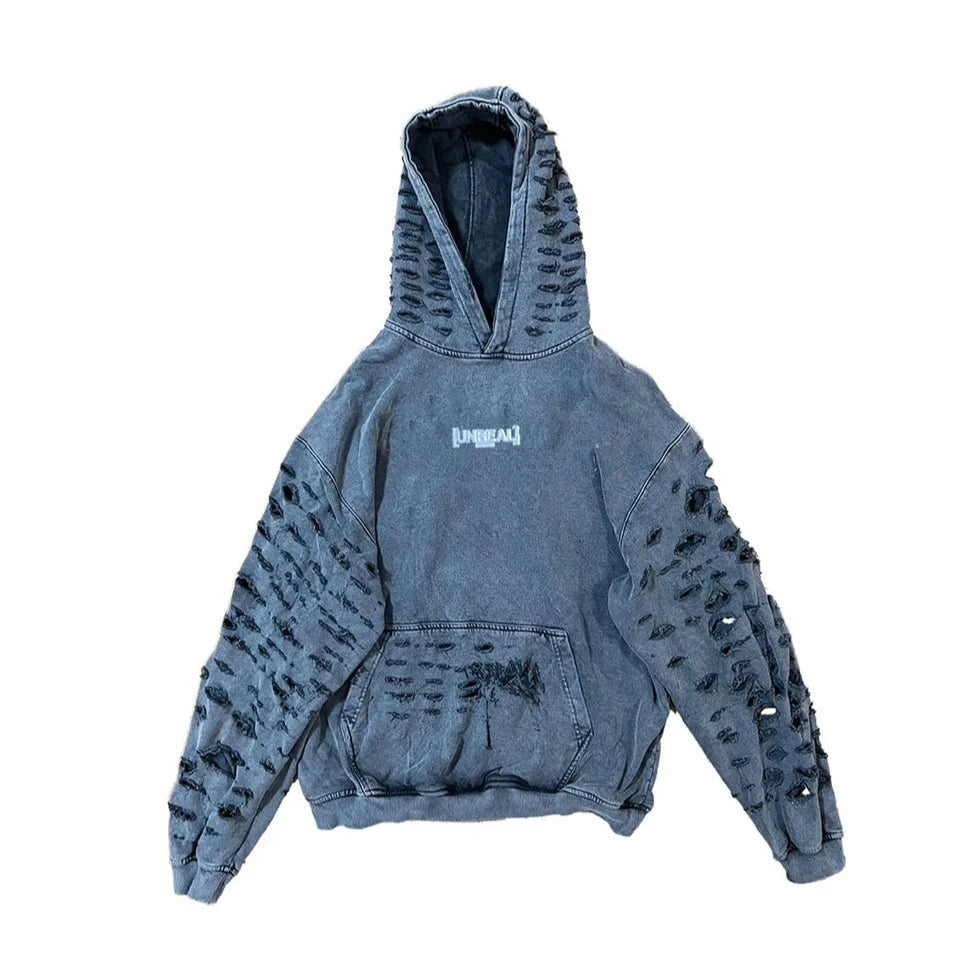 UNREAL DESTROYED Iron Hoodie Stone Washed Grey - OnSize
