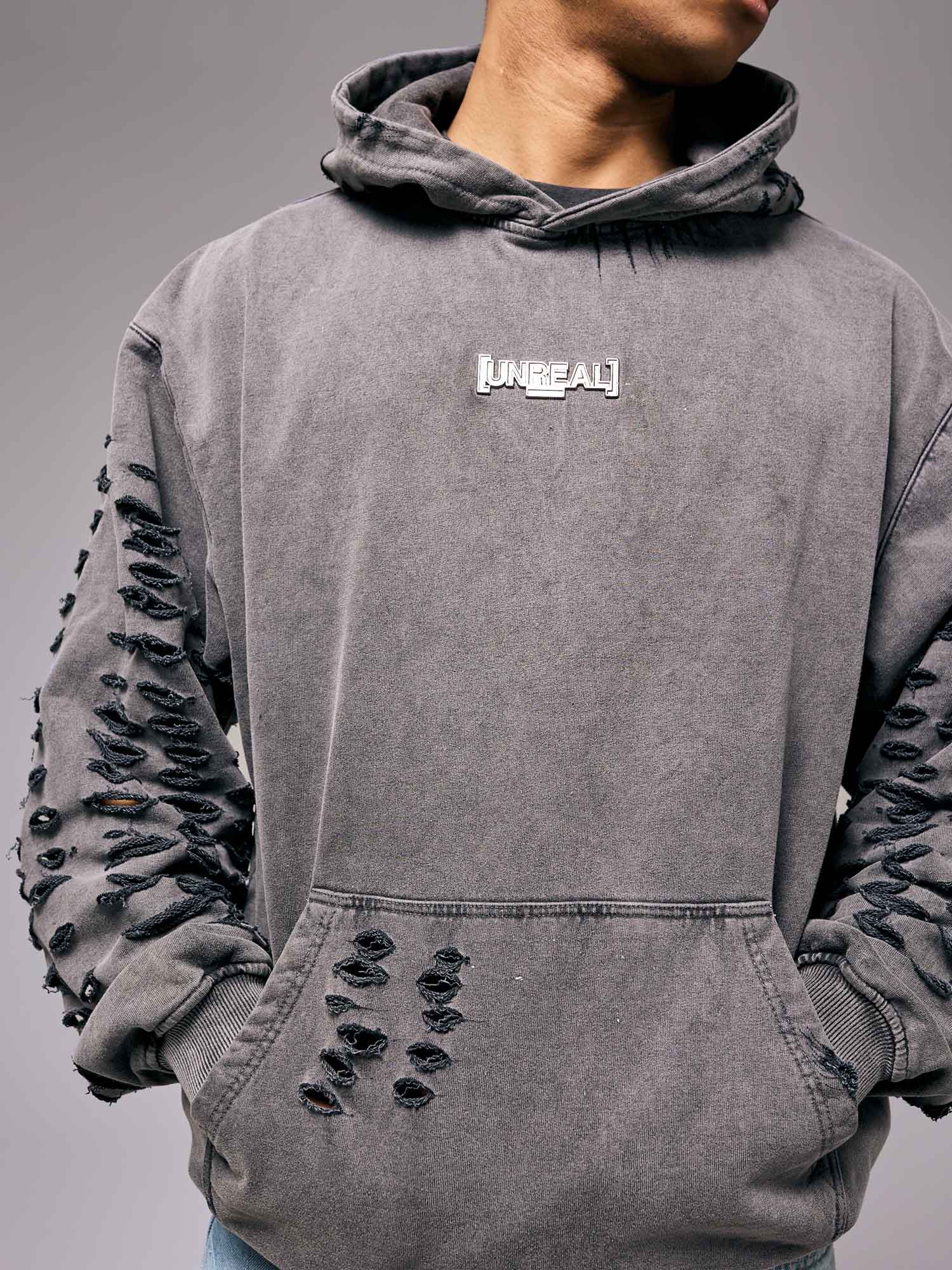 UNREAL DESTROYED Iron Hoodie Stone Washed Grey - OnSize